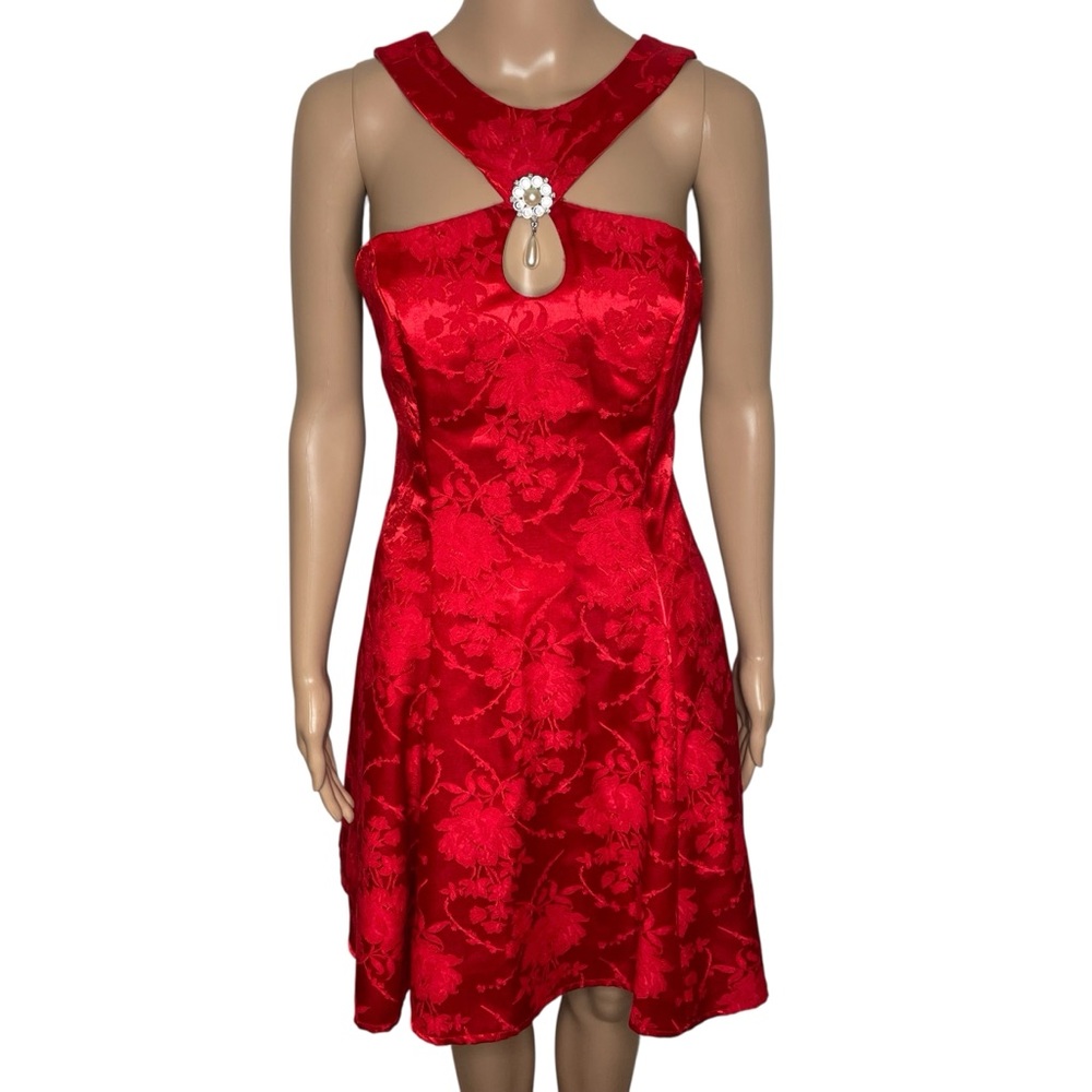 Vintage LA Glo Red V-Neck Cut Out Pleated Mini Cocktail Dress w/ Brooch Detail